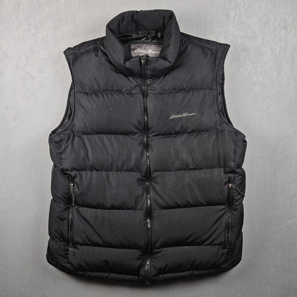 Eddie Bauer Puffer Vest Mens Medium Black Full Zip EB650 Down Insulated Quilted